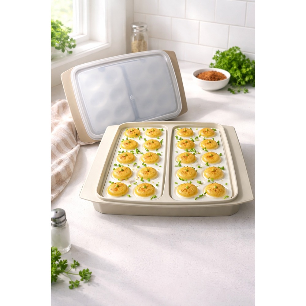 Vintage Tupperware Deviled Egg Carrier Almond Beige 16 Slot Server Bundle Set